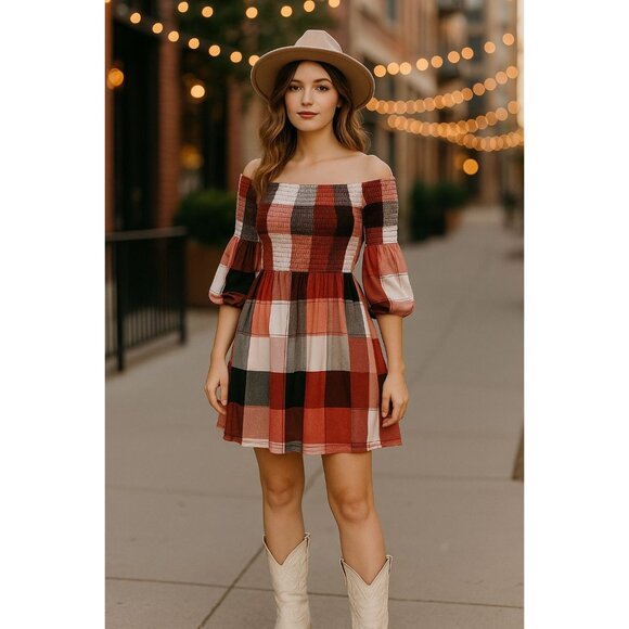 205 Collins Red Plaid Smocked Off Shoulder Flare Mini Dress Cottagecore Westernn - Picture 3 of 12